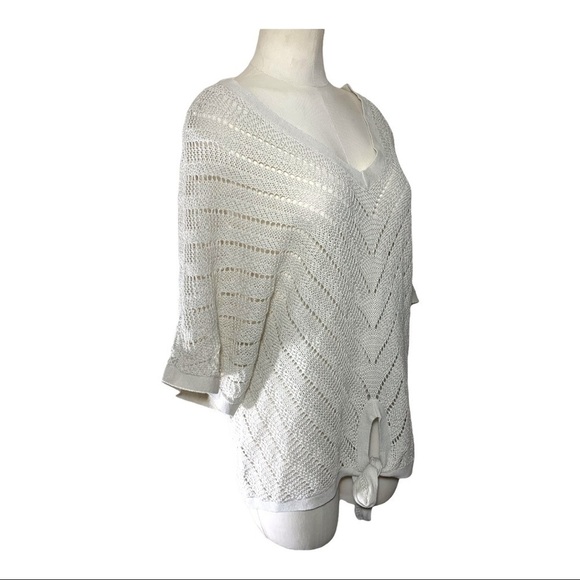 guilty Minimalist Crochet Knit Beige Loose fit Shirt Knotted Front V Neck L - Picture 2 of 10